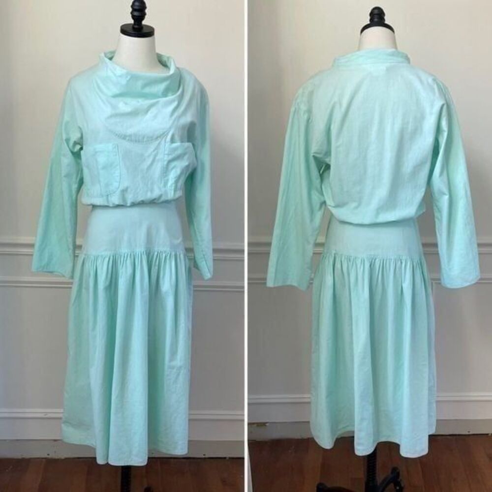 Vintage 80s Alicia Mint Green Cowl Neck Blouson Midi Dress 6 M